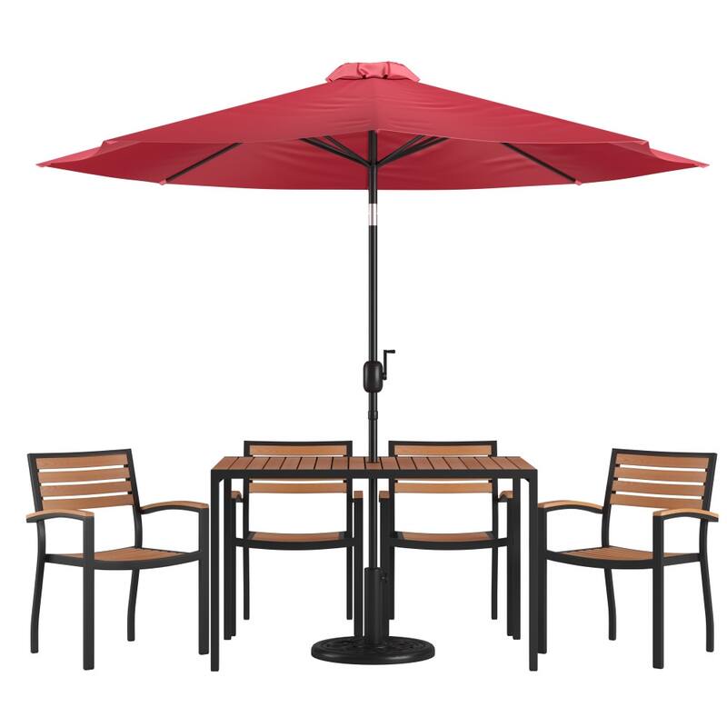 30" x 48" Faux Teak Patio Table, 4 Chairs and 9FT Patio Umbrella with Base