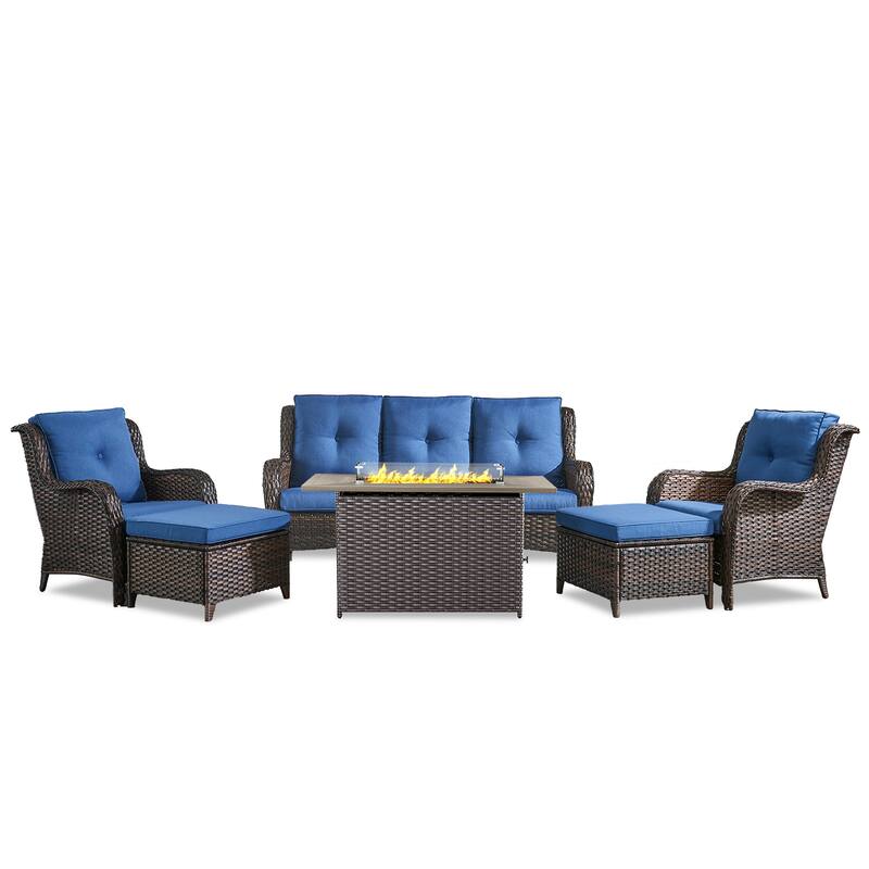 Fire Pit Table with Patio Sofa Chairs and Ottomans