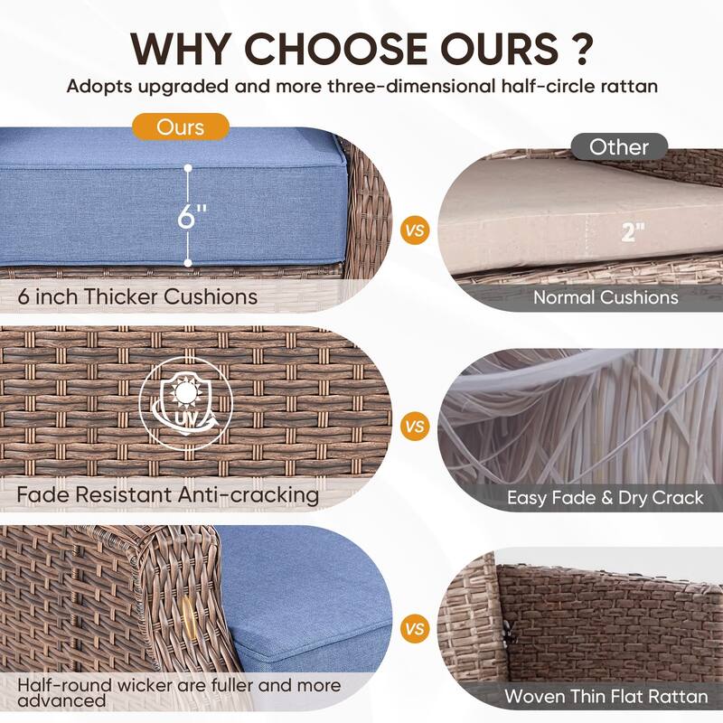 Pocassy Patio 7 Piece Sofa Swivel Chair Ottoman with Fire Table