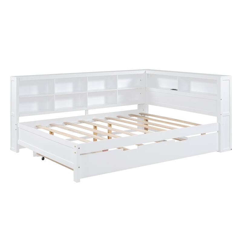 Wooden Full Size DayBed with Twin Size Trundle, DayBed with Storage Shelf and USB Charging Ports
