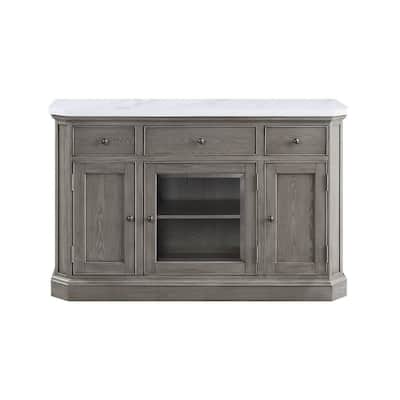 Server with Faux Marble Top and 3 Drawers, White and Brown
