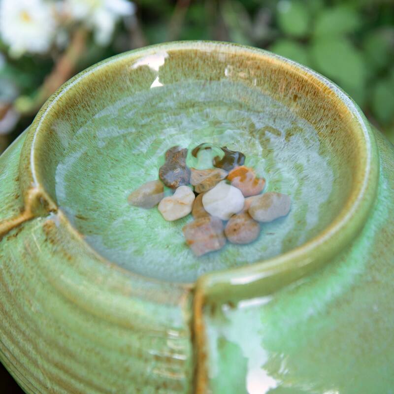 Glitzhome Leaf Textured Ceramic Jar Indoor Tabletop Water Fountain with LED Lights