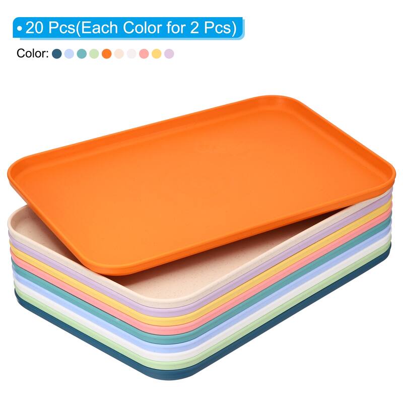 Fast Food Serving Tray, 20 Pack Bulk Plastic Reusable Kitchen Cafeteria Trays for Eating, Colorful - Multicolor