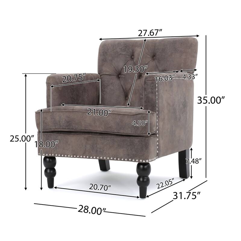 Modern 28" Upholstered Button Tufted Club Chair with Nailheads and Birch Wood Legs