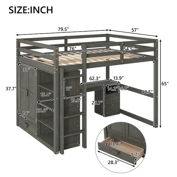 dimension image slide 1 of 2, Wood Full Size Loft Bed with Built-in Wardrobe, Desk, Storage Shelves and Drawers, Grey