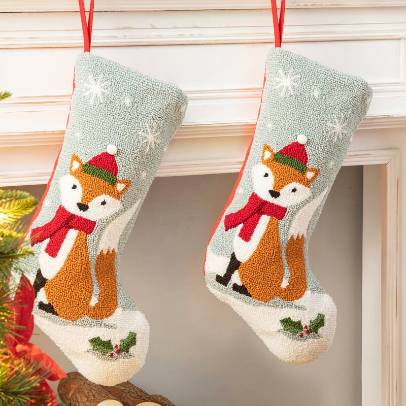 Glitzhome Christmas Hooked Stocking Cat Dog Fox Reindeer Dinosaur(Set of 2)