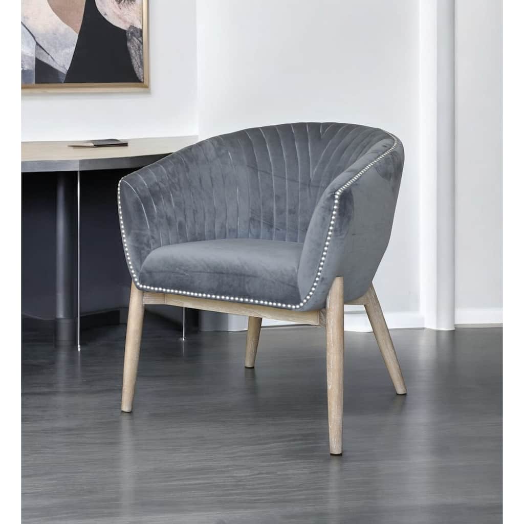 HomeRoots 28" Gray And Brown Velvet Arm Chair - 28 in. x 32 in. x 27 in.