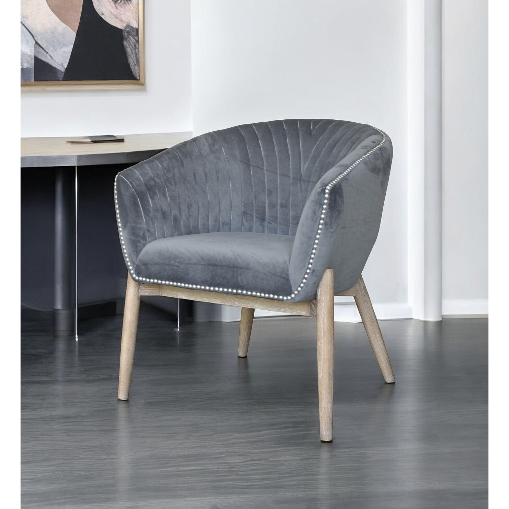 HomeRoots 28" Gray And Brown Velvet Arm Chair - 28 in. x 32 in. x 27 in.