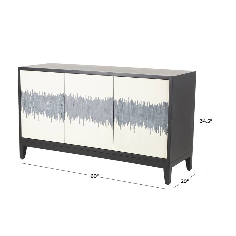 Brown or Black Mango Wood 3 Door and 3 Shelf Abstract Media Credenza Sideboard with White Front and Striped Pattern