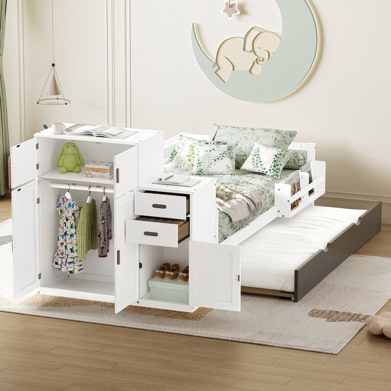Multifunctional Twin Size Wood Platform Bed with Bookshelf, Wardrobe, and Trundle, White
