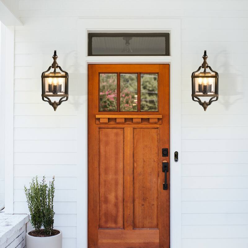 CurveCurio 17"Antique Metal Lantern Wall Sconce w/ Wood Accents and Texteured Round Glass Shade-3 Lights Wall Light - 12"*7"*17"
