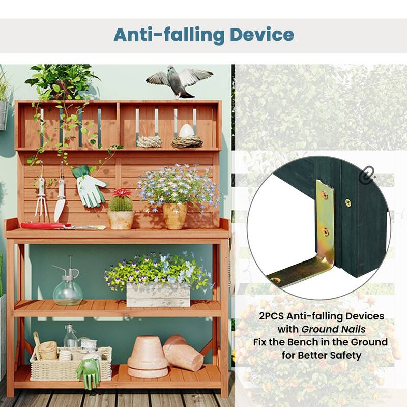 65" Large Wooden Farmhouse Rustic Outdoor Potting Bench Table, Patio Workstation with 4 Storage Shelves and Side Hook