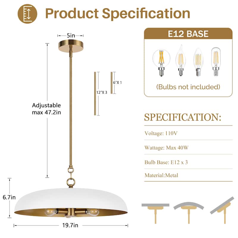 LamQee 20" Pendant Light Metal Dome Ceiling Hanging Chandelier - 19.7 inch