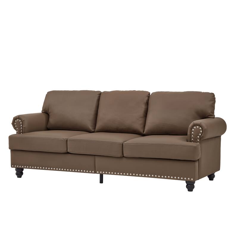 3 Seater Lounge Couch Imitation Cowhide Leather Deep Seat Sofa with Hidden Storage, Round Armrests with Silver Nailhead Trim