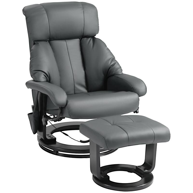 PU Leather Vibration Massage Recliners , with Footrest and Side Pockets, Manual Tilt Backrest Adjustment and 360° Rotating Base - Grey