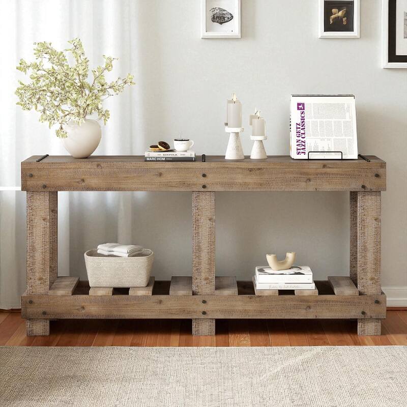 62.9" Vintage Fir Wood Entryway Console Table with Metal Rivet Accents, 6 Legs and Open Shelf Storage - Natural