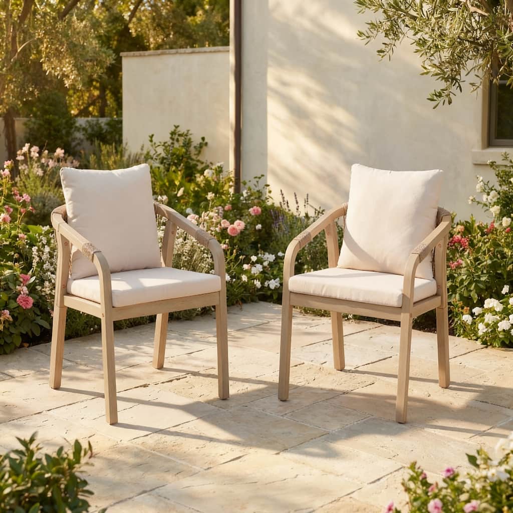 Outdoor Dining Chairs in Solid Acacia Wood Armchairs Rope Weaving Weather-resistant U-shaped Backrest