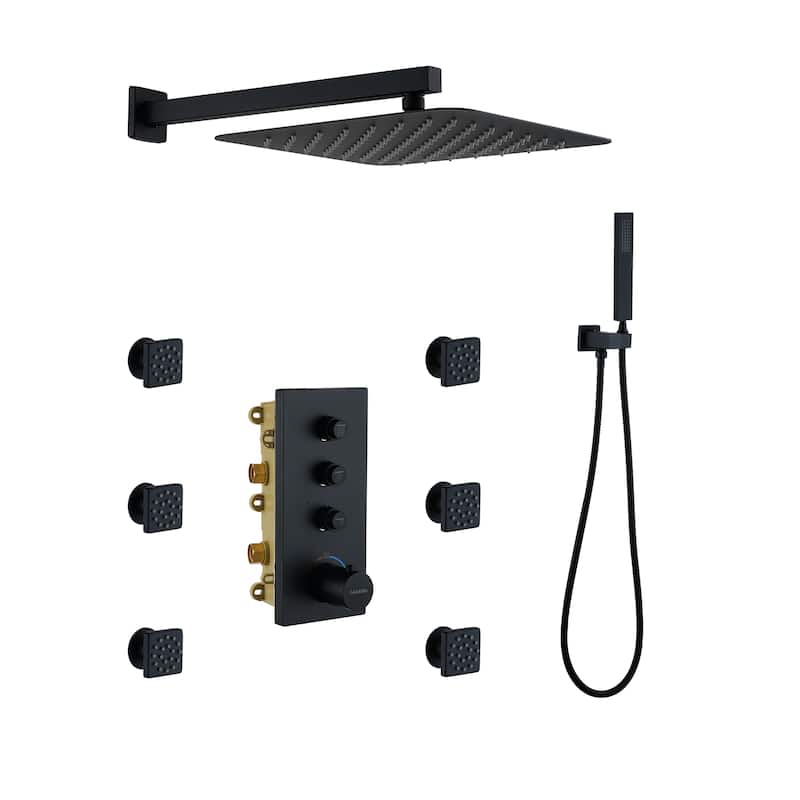 Luxury Thermostatic Shower System 1-Spray Patterns Wall Mount Fixed Shower Head and Handheld Spray with 6 Body Jets - 12" x 12"