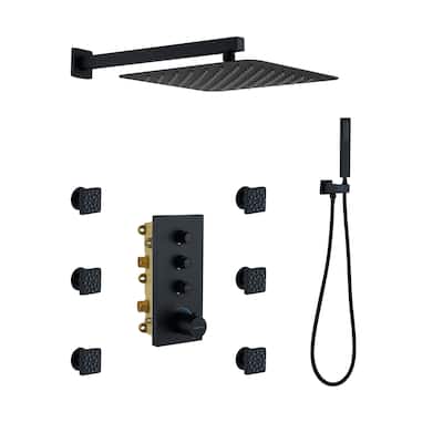 Luxury Thermostatic Shower System 1-Spray Patterns Wall Mount Fixed Shower Head and Handheld Spray with 6 Body Jets - 12" x 12"