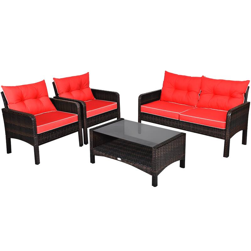 Costway 4PCS Patio Rattan Furniture Set Loveseat Sofa Coffee Table - See Details