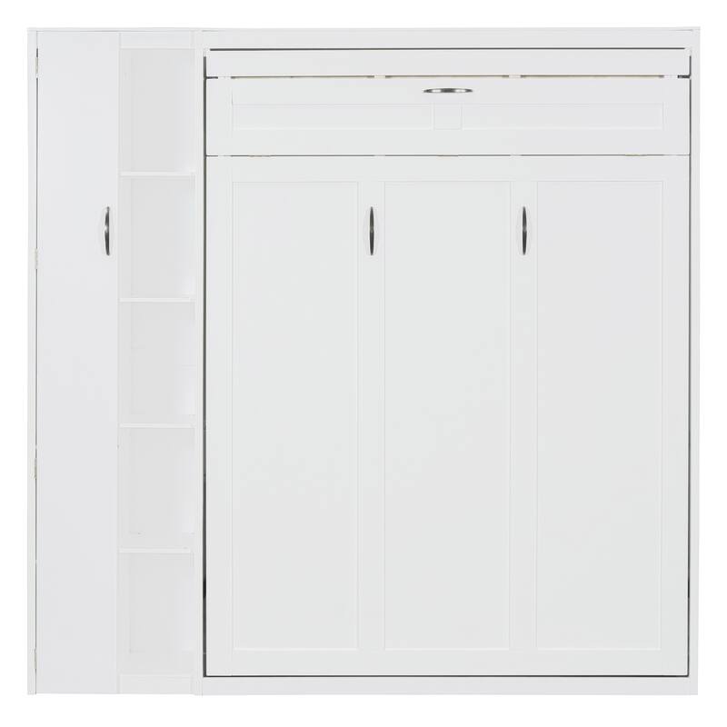 Space-Saving White Murphy Bed with Shelves, Wardrobe & LED Lights - Full Size