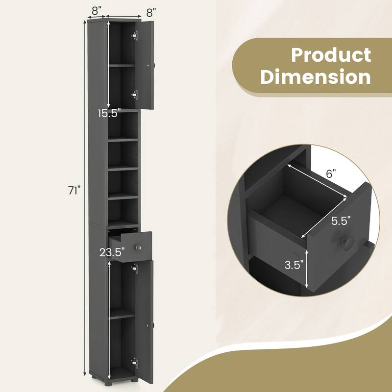 Narrow Freestanding Storage Cabinet for Bathroom Kitchen or Living Room Organization - 8" x 8" x 71"