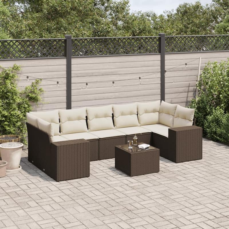 vidaXL Patio Sofa Set with Cushions Outdoor Furniture 8 Piece Poly Rattan - 24.4 x 24.4 x 27.2 - Brown and cream
