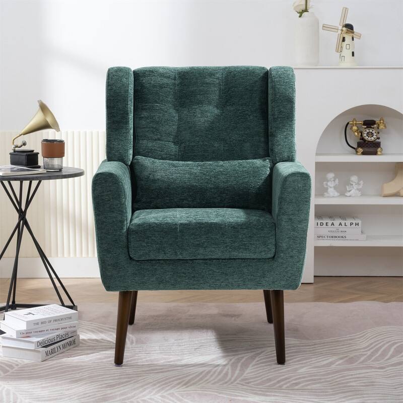 Modern Chenille Upholstered Armchair with Pillow and Solid Wood Leg