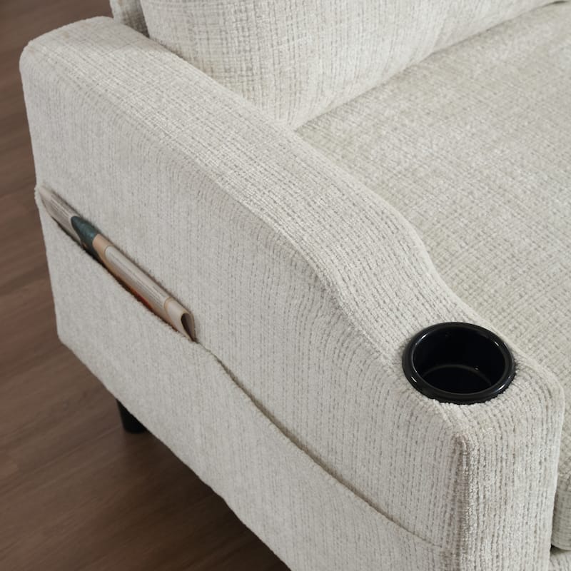 Modular Sectional Sofa with Storage Ottoman, Comfy Chenille Fabric Sofa, 3-Seater Sofa with Side Pockets & 2 Cup Holders