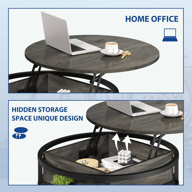 Moasis Farmhouse Lift Top Round Coffee Table with Hidden Storage and Shelf
