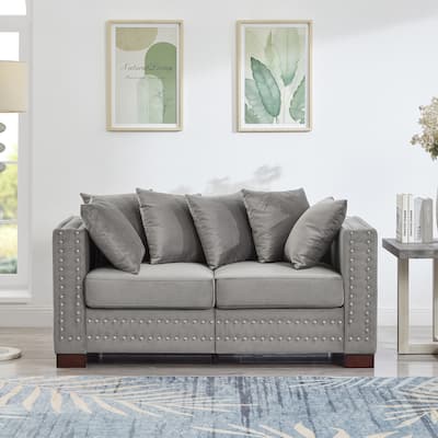 Grey Velvet Loveseat with Silver Nails Decoration and Storage