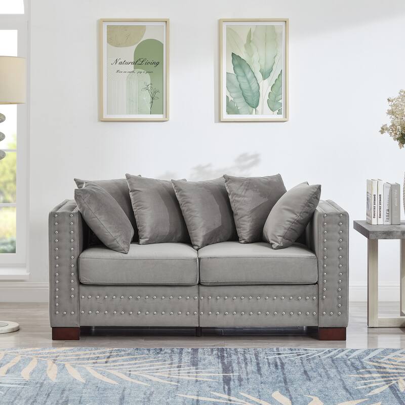 Velvet Loveseat Sofa Deep Seat Storage Couch with Pillows and Square Armrests with Silver Nails Decoration for Living Room - Grey