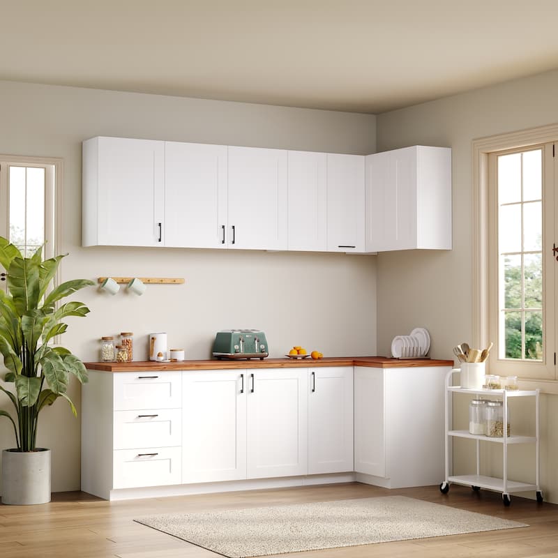 Modular White Kitchen Cabinet Set Customizable Base and Wall Cabinets Pantry Storage and DIY Countertop Design(Without desktop)