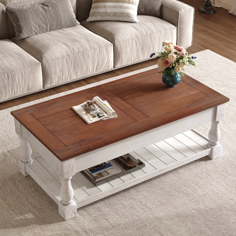 Farmhouse 47.24" Lift Top Coffee Table with Storage Trays Handcrafted Solid Wood for Stylish Living Room Storage
