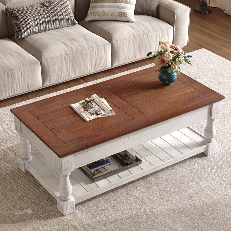 Roomfitters 41" Farmhouse Lift Top Coffee Table, Wood Center Table with 3 Storage Trays and Lower Shelf