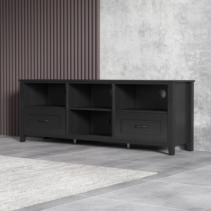 Contemporary TV Stand with 4 Open Storage Compartments and 2 Drawers, Fits 60 TVs, 70 W.