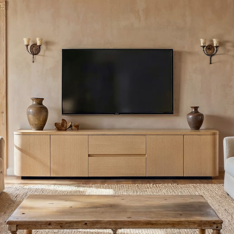 Modern Oak Wood TV Stand with 2 Drawers and Cabinets, 86.6" Long Media Console with Push-to-Open Doors, Anti-Tip Safety Design