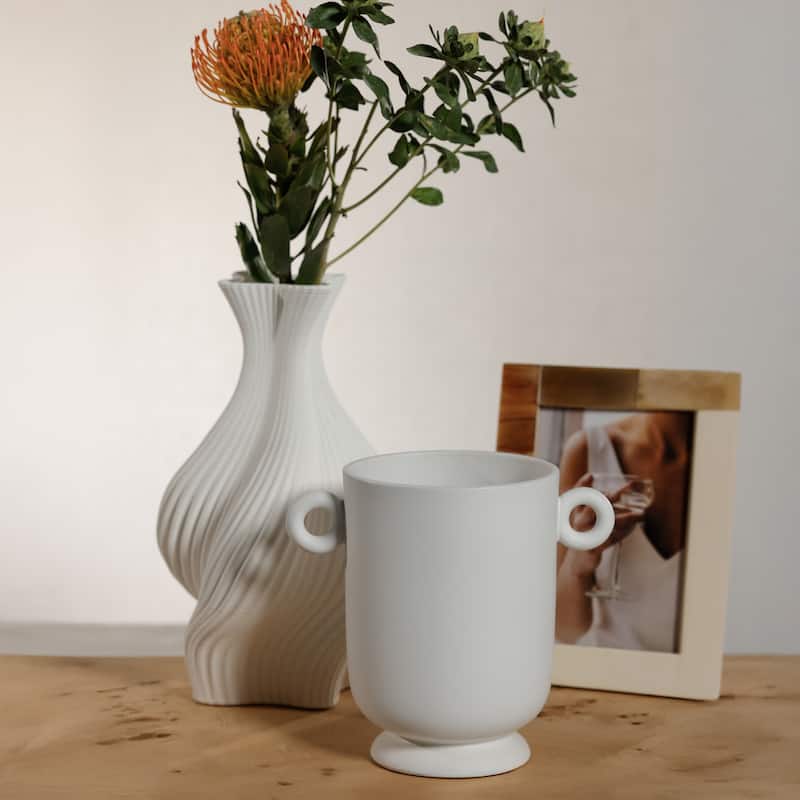 White Ceramic Planter Vase with Decorative Loop Handles