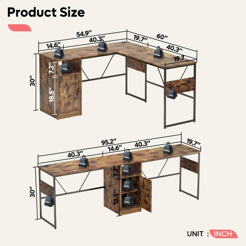 60'' L Shaped Desk with Storage Cabinet Office Computer Desk