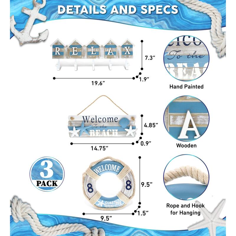 CoTa Global Aqua Sky Nautical Sign Collection for Wall Decor - 3 Piece