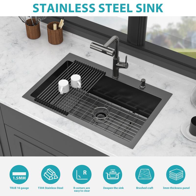 30" Drop-in Kitchen Sink with Pull-out Faucet and Soap Dispenser 30x22x10 inch Single Bowl 16 Gauge Stainless Steel