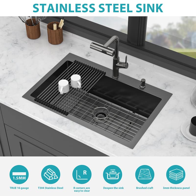 33" Drop-in Gunmetal Black Kitchen Sink Soap Dispenser 33x22x10 inch Single Bowl 16 Gauge Stainless Steel