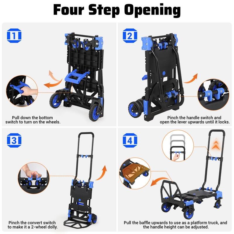 Folding Hand Truck Dolly with Basket, Dolly Cart with Wheels, Convertible Handcart with Retractable Handle