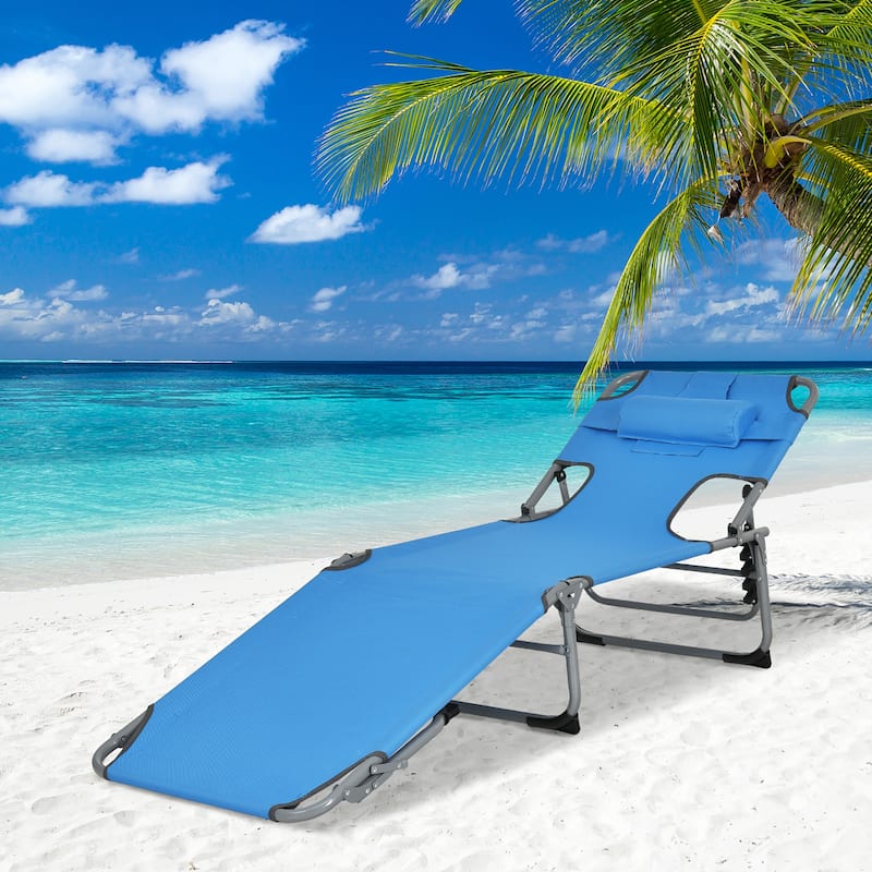 Goplus Outdoor Beach Lounge Chair Folding Chaise Lounge with Pillow - See Details - Blue