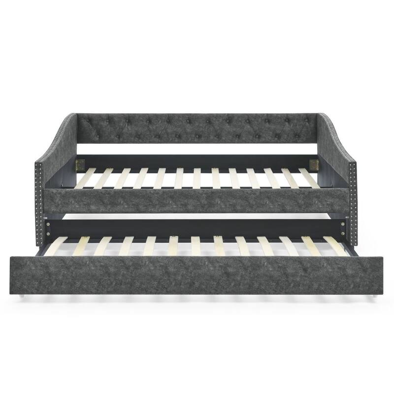 Full Size Daybed with Twin Size Trundle Upholstered Tufted Sofa Bed, with Button on Back and Copper Nail on Waved Shape Arms