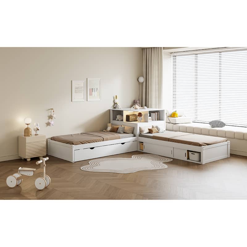 Roomfitters Twin L-Shaped Platform Bed with Trundle, Storage Cabinets and LED Desk