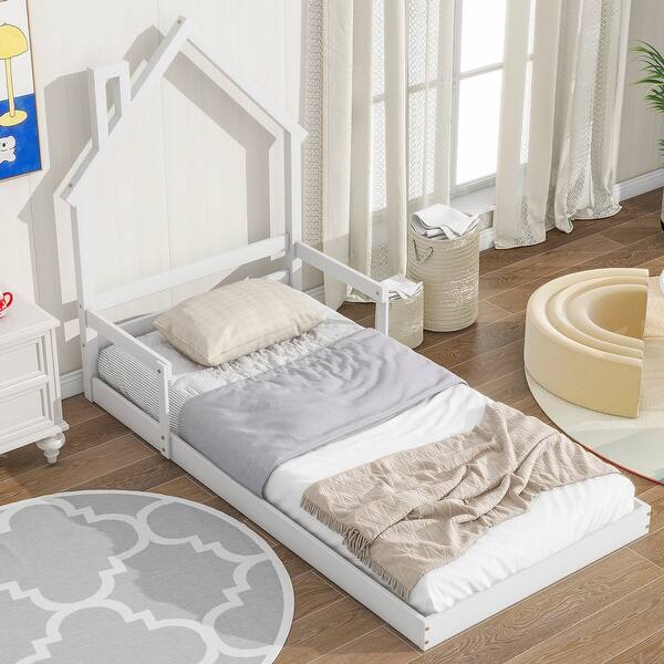 slide 2 of 8, Fun Floor Bed, Wooden Twin House Mattresses Bed with Fences, White White - Twin