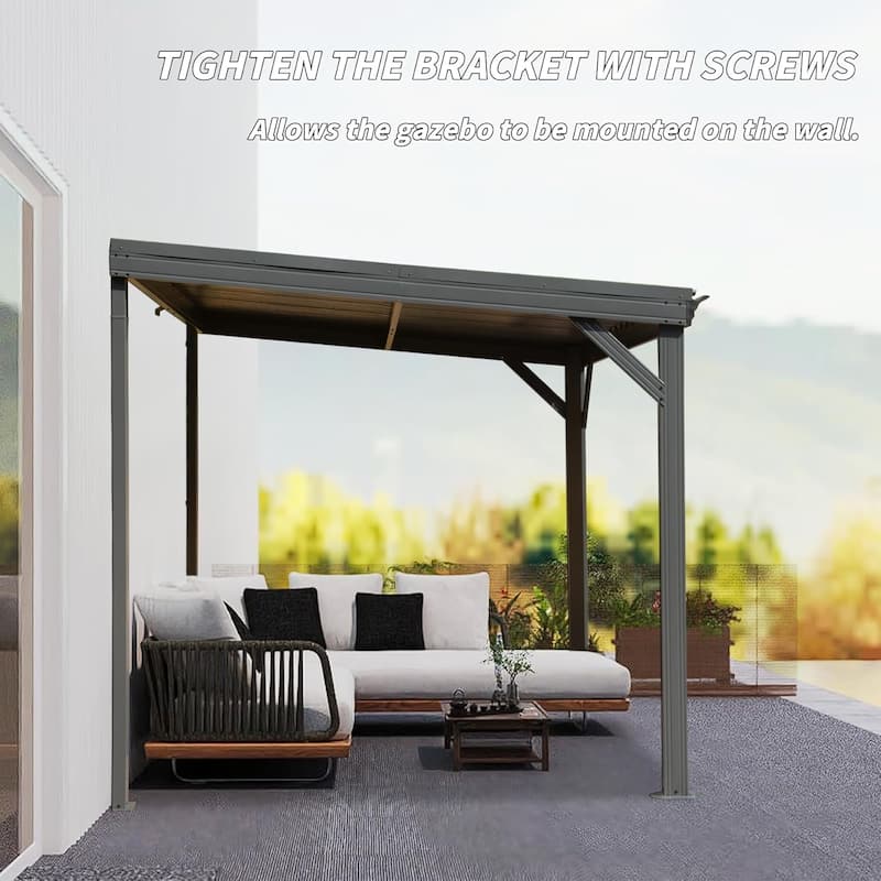 8'x 8' Lean to Gazebo with Upgraded Drainage System, Wall Mounted Gazebo Hardtop Galvanized Steel Sloping Roof