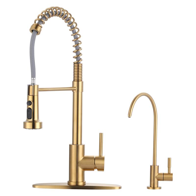 WOWOW Three Function Pull Down Kitchen Faucet with Drinking Water Faucet - Brushed Gold