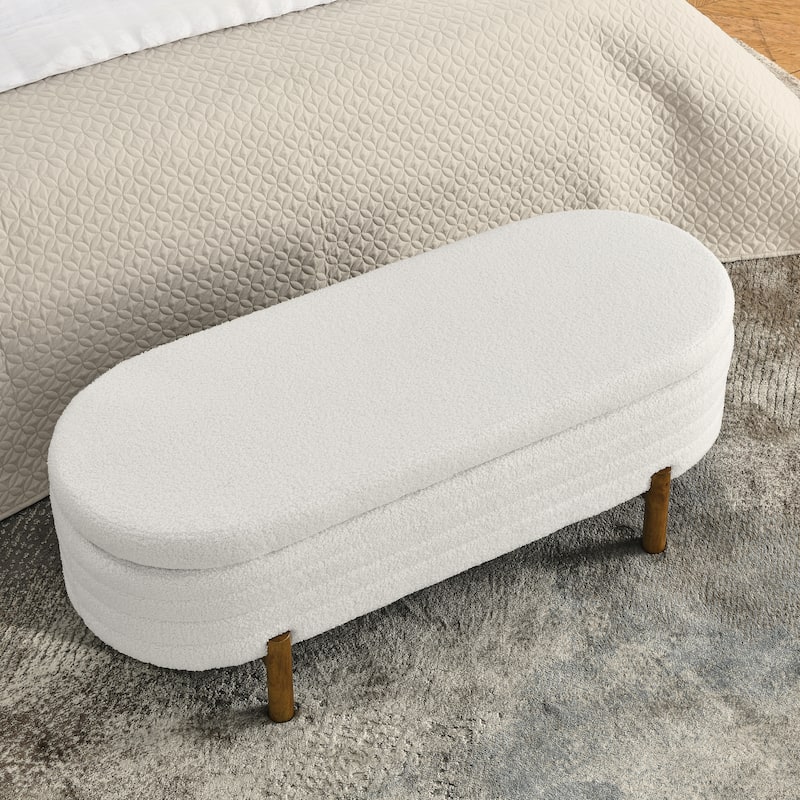 Small Ottoman Oval Storage Bench with Rubber Wood Leg Bedroom Upholstered Footstool Bench with Hidden Storage